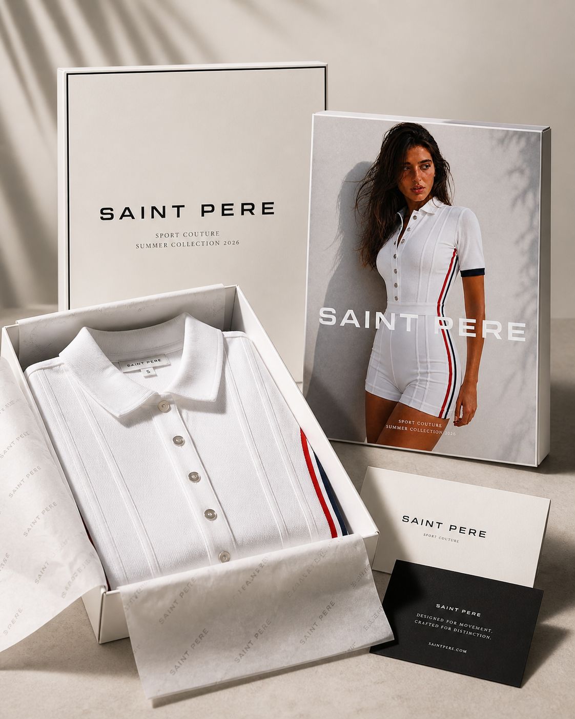 Saint Père presentation box, white sportswear and collection lookbook