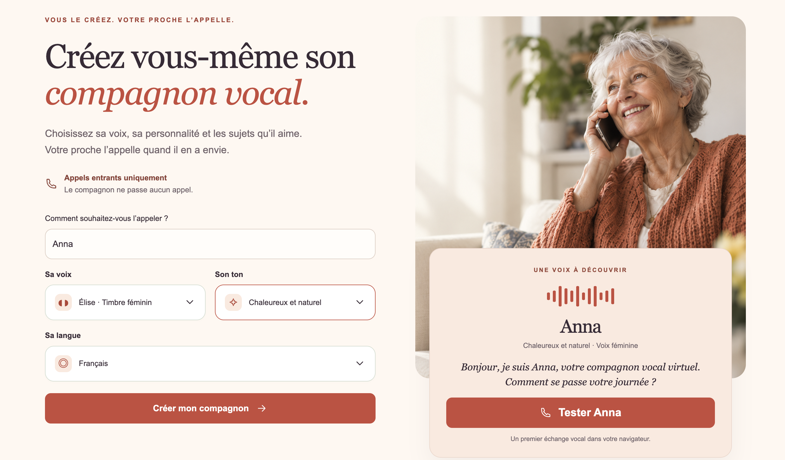 TemporaCare’s companion creator, showing options for a name, voice, tone and language alongside Anna’s voice preview.